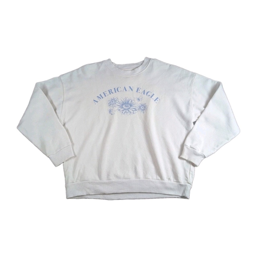 American Eagle Cream Floral Graphic Crewneck Sweatshirt Women's Medium